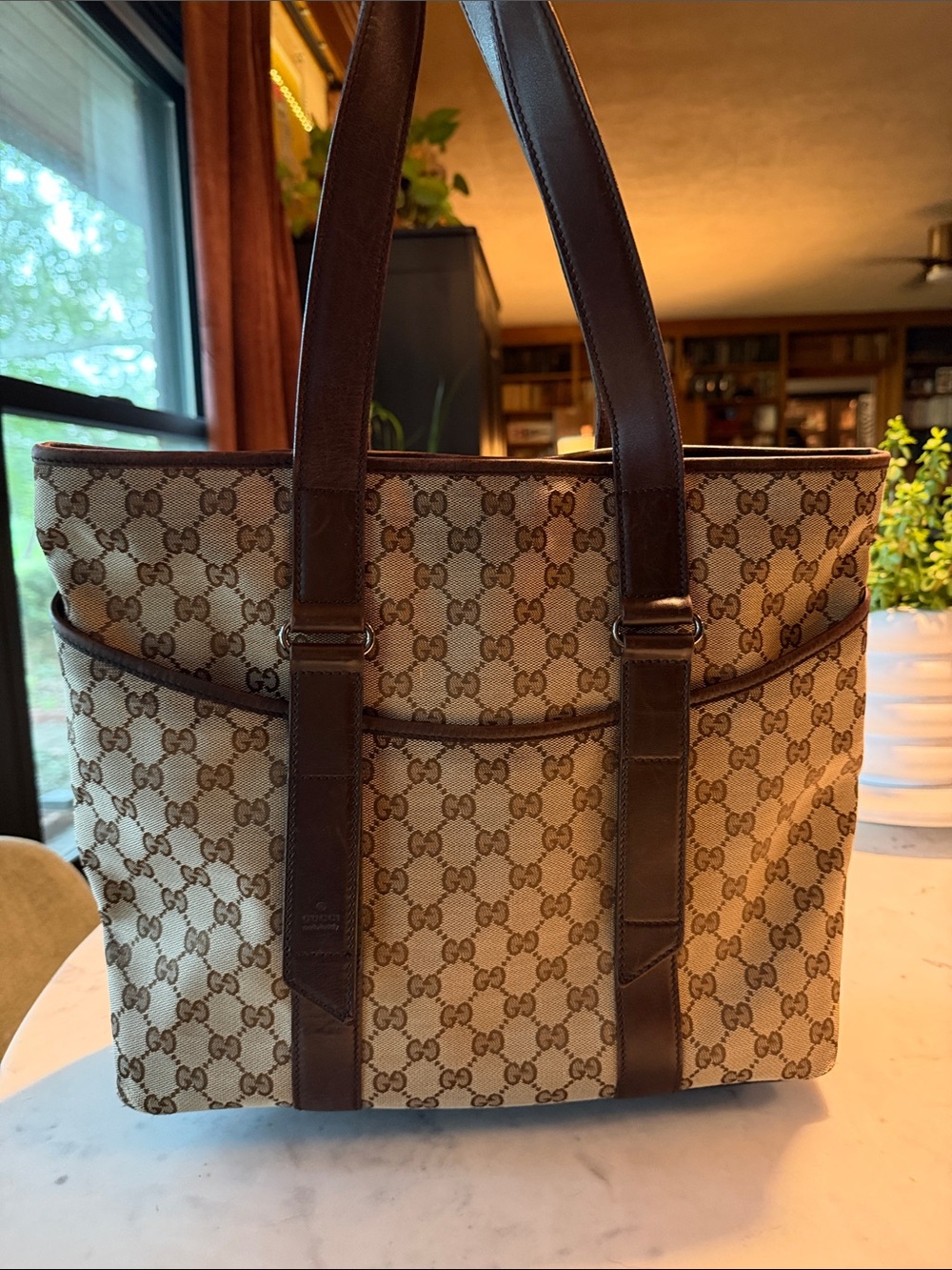 Gucci Vintage GG Canvas Large Shoulder Tote Bag Brown Leather Trim